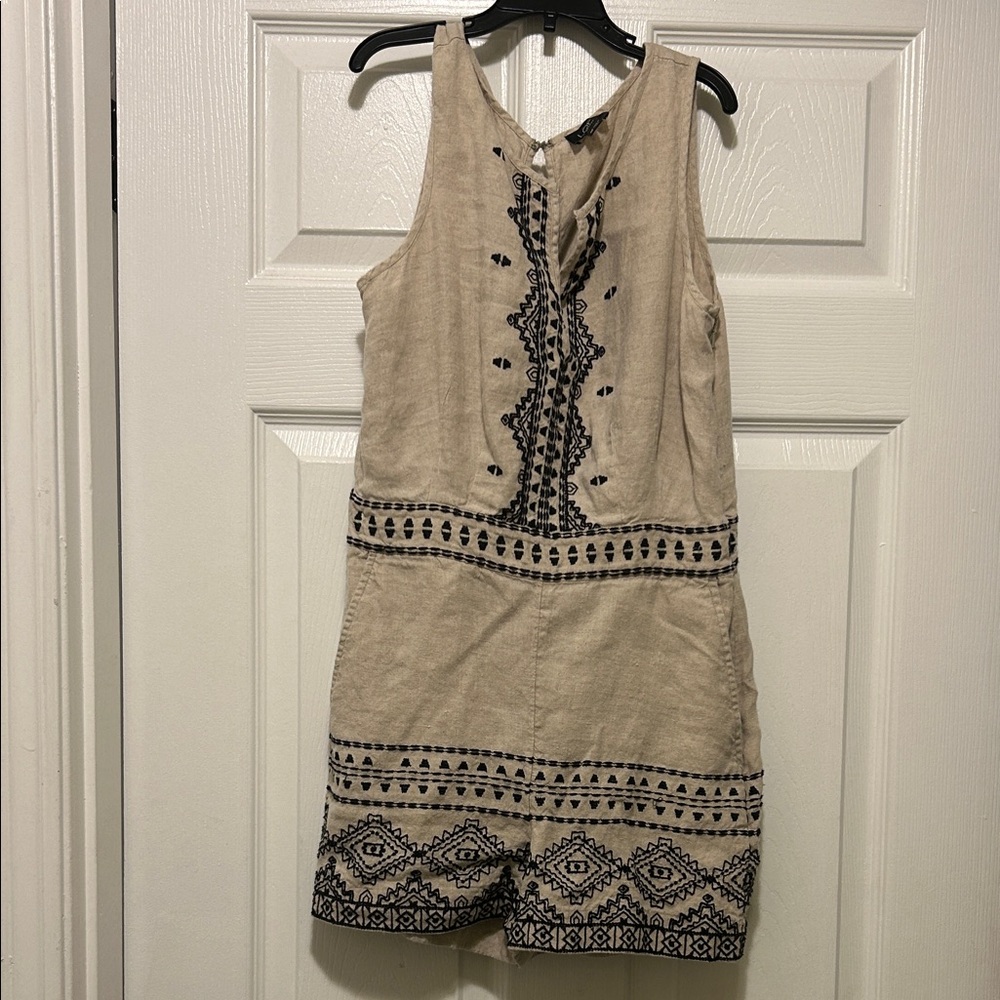 LOFT Tan and Black Embroidered Jumpsuit